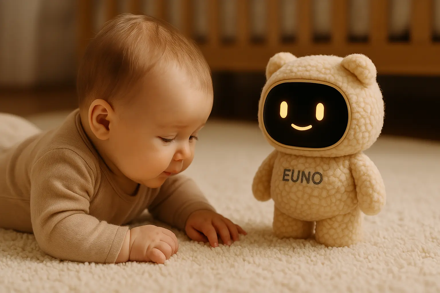 Bébé découvrant Euno, le compagnon intelligent dès la naissance.