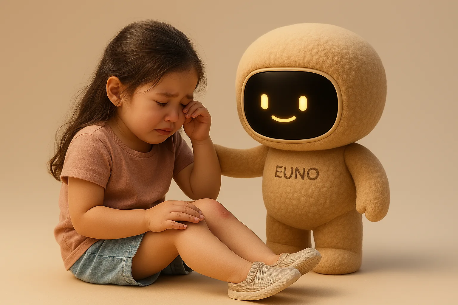 Euno réconforte un enfant grâce à un accompagnement bienveillant.