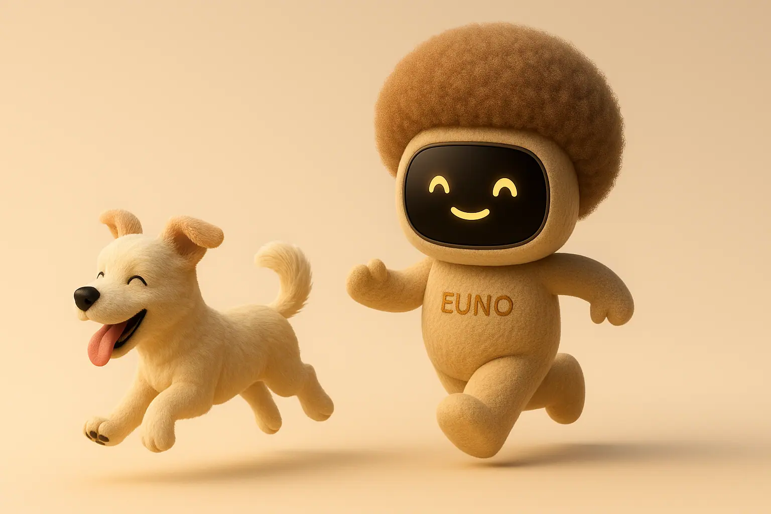 Euno joue et court aux côtés d'un chien, illustrant un compagnon intelligent actif et bienveillant.